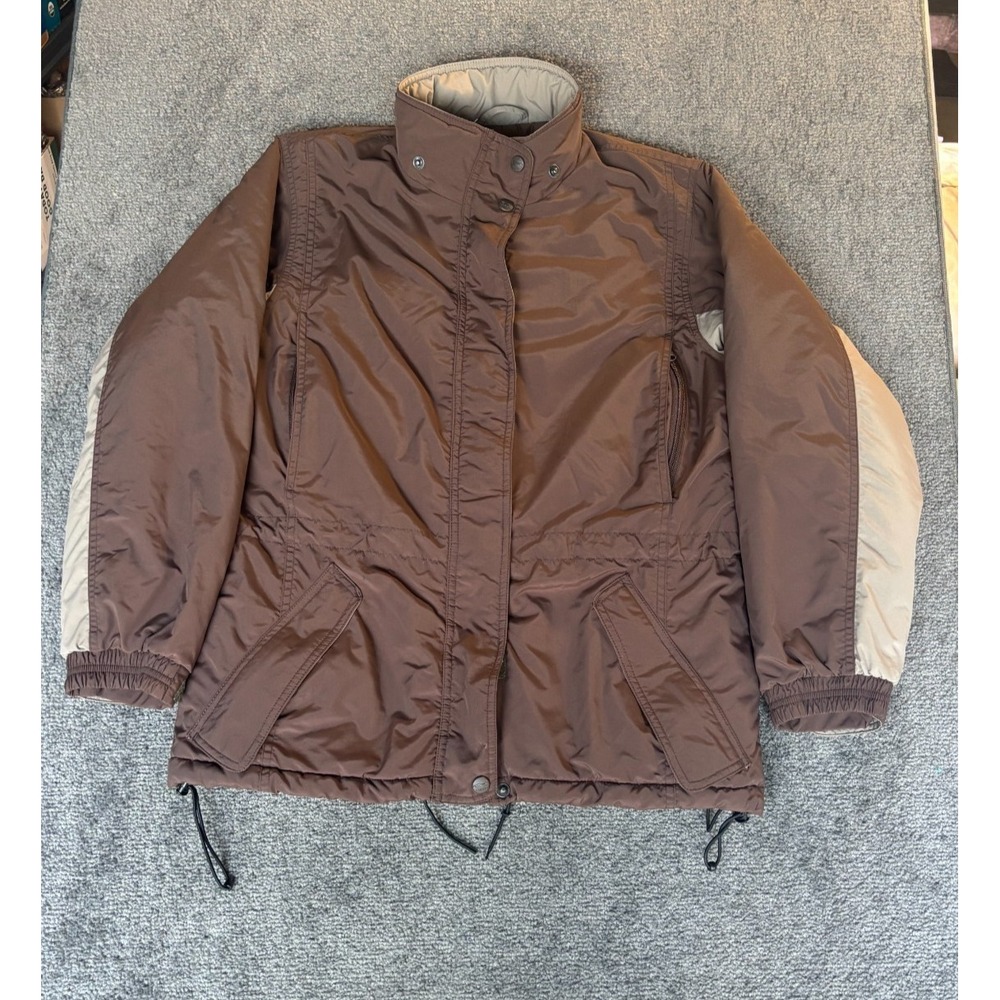 L.L.Bean Jacket Womens Small Petites Brown Nylon Snap Inside Zip Stand-Up Collar